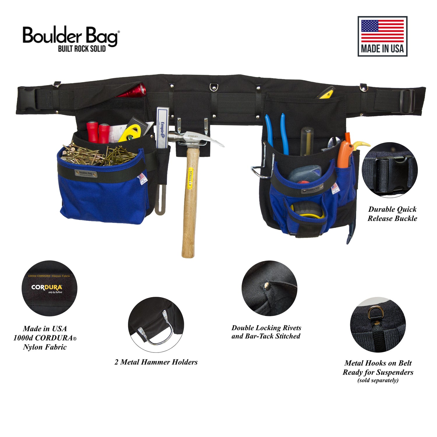 Boulder Bag Pro Framer Tool Belt Combo - Large (36-40") With Leather Buckle, 25 Pockets, Made In USA